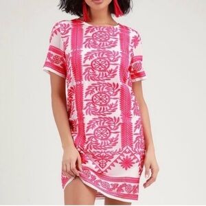Lulu’s Fond of You Hot Pink Embroidered Short Sleeve Shift Dress